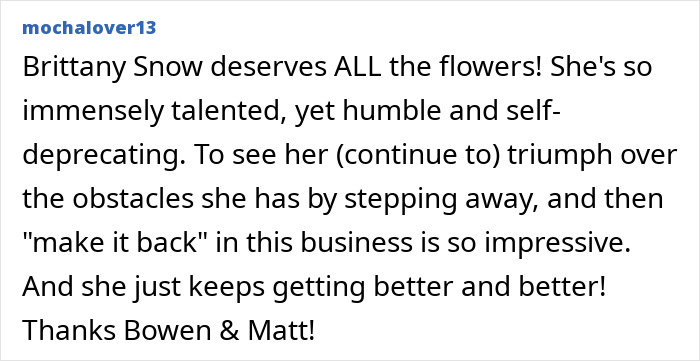 Comment praising Brittany Snow’s talent and resilience addressing Hollywood’s hidden age rule in adult scenes. Comment praising Brittany Snow’s talent and resilience addressing Hollywood’s hidden age rule in adult scenes.