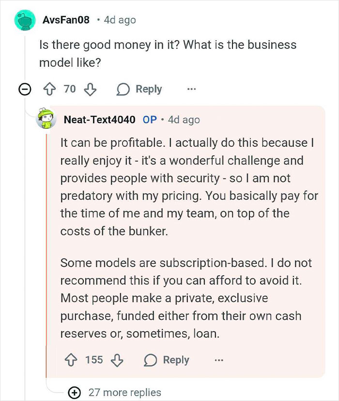 Reddit Q&A screenshot showing discussion about the business model of building bunkers for billionaires.