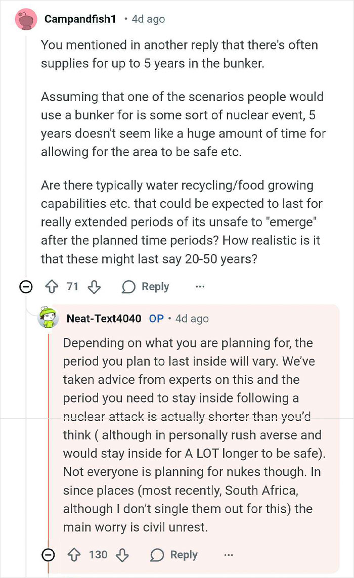 Reddit Q&A discussing bunker supplies, water recycling, and long-term survival features for billionaires' bunkers.
