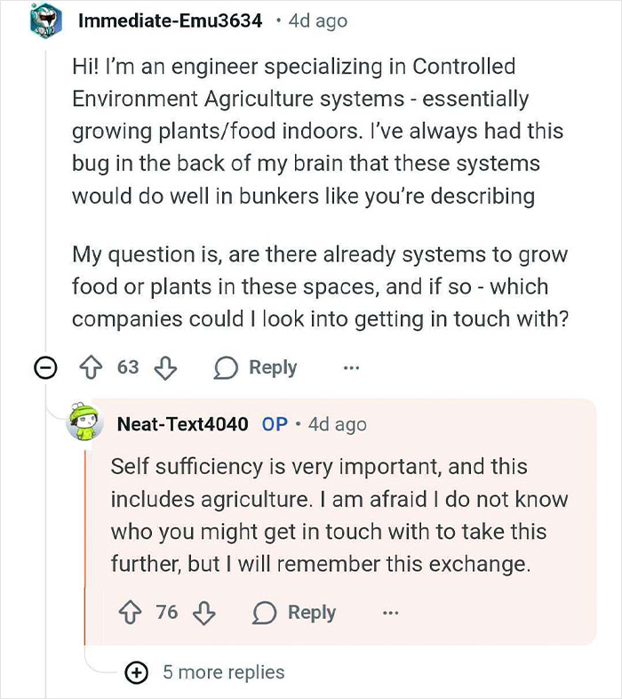 Reddit conversation about engineering controlled environment agriculture systems for self-sufficient bunkers built for billionaires.
