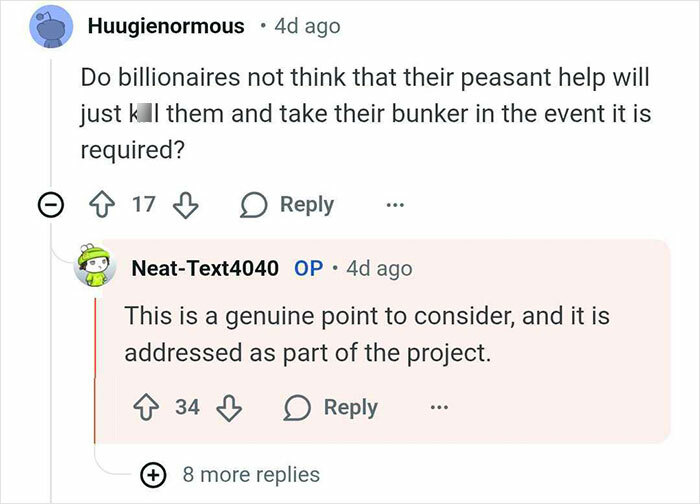 Screenshot of an online Q&A showing a discussion about security concerns in billionaire bunkers.