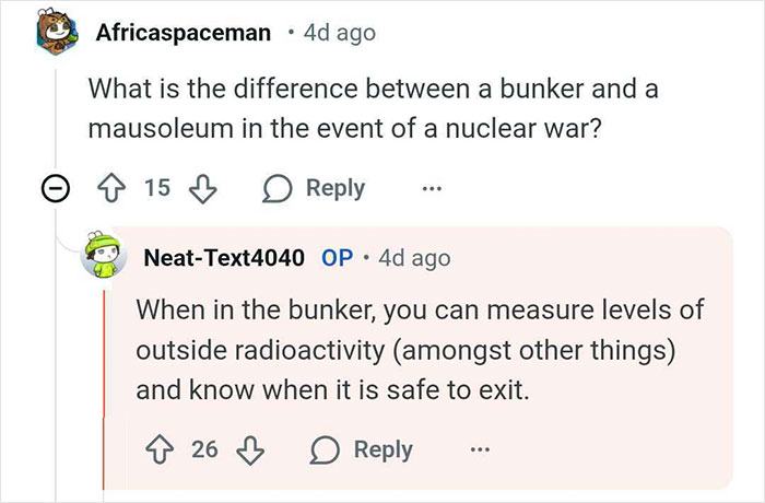 Online discussion about bunkers built for billionaires, focusing on nuclear safety and bunker features during emergencies.