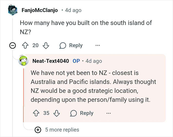 Reddit Q&A text showing bunker builder responding about locations near New Zealand for billionaire bunkers.