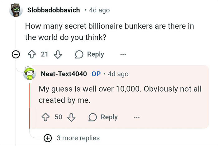 Reddit Q&A discussion about secret billionaire bunkers, estimating over 10,000 worldwide, not all built by one person.