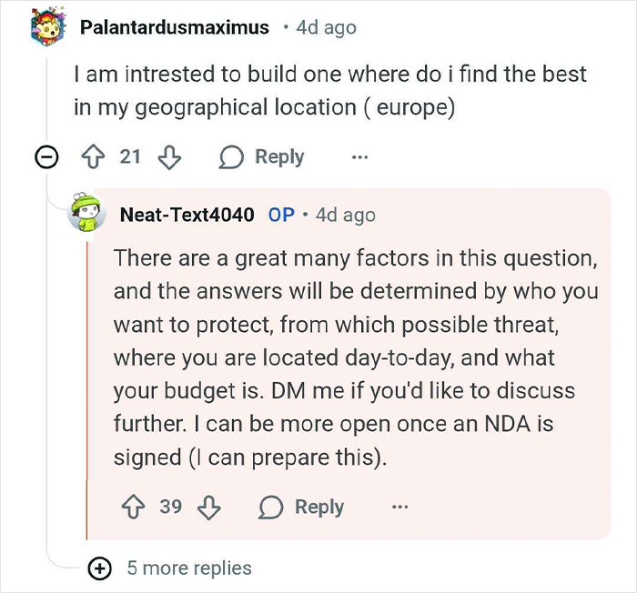 Reddit Q&A showing discussion about building bunkers, addressing location, protection needs, threats, and budget considerations.