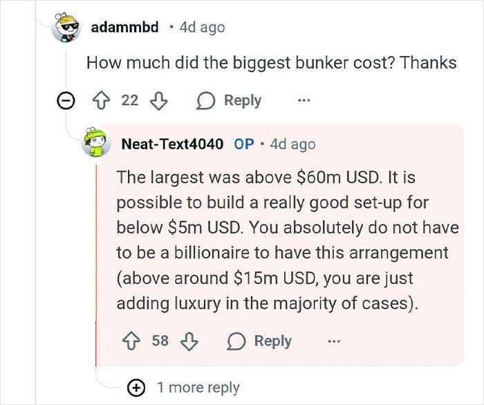 Reddit Q&A showing cost details about bunkers built for billionaires, discussing luxury and budget options.