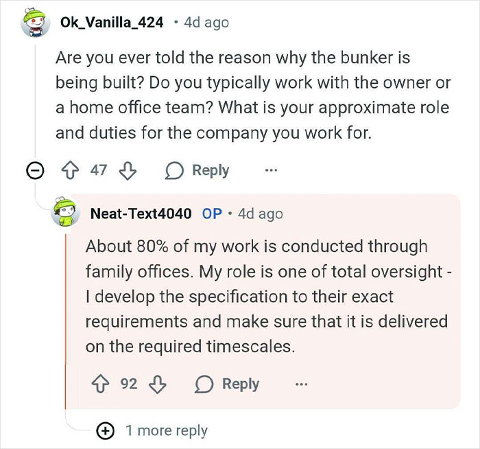 Reddit Q&A showing a bunker builder explaining work with family offices overseeing billionaire projects.