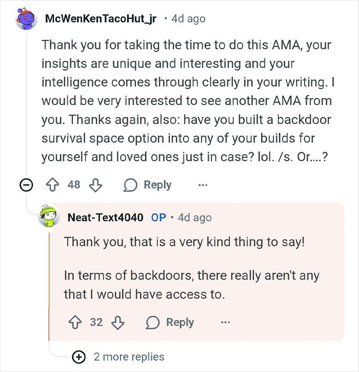 Screenshot of an online AMA discussion about building bunkers for billionaires and survival space options.
