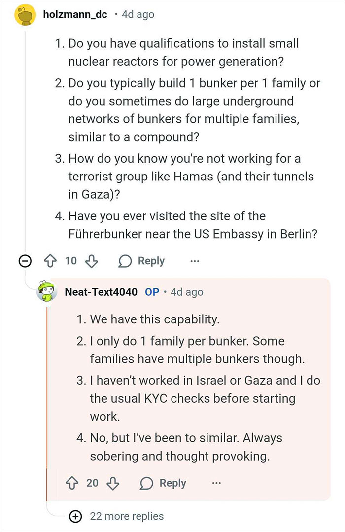 Reddit AMA discussion with bunker builder answering questions about qualifications and bunker designs for billionaires.