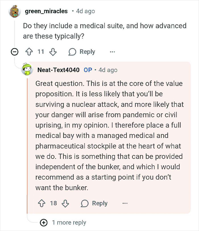 Reddit AMA excerpt showing discussion about medical suites in bunkers built for billionaires by expert responder.