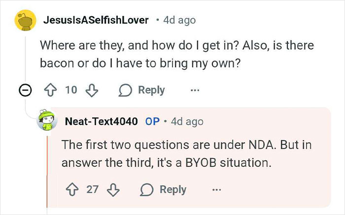 Screenshot of an online Q&A where a bunker builder discusses access and BYOB policy for billionaire bunkers.