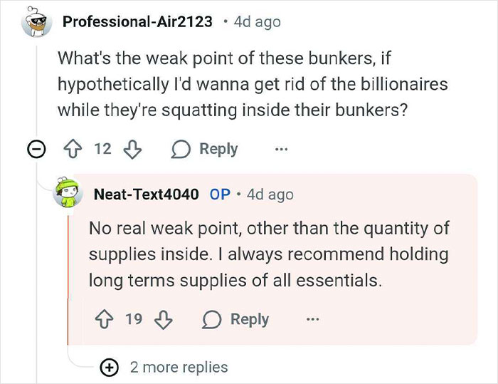 Reddit Q&A discussing vulnerabilities and supply management of bunkers built for billionaires.