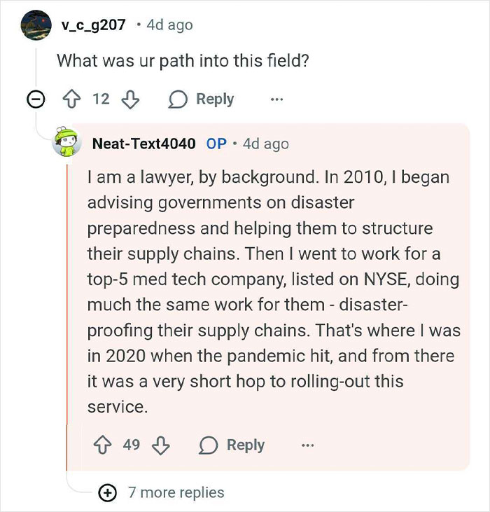 Reddit user explaining their path into the field of disaster preparedness and bunker building for billionaires.