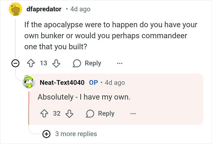 Reddit user asks about owning a bunker in an apocalypse, with bunker builder confirming they have their own.