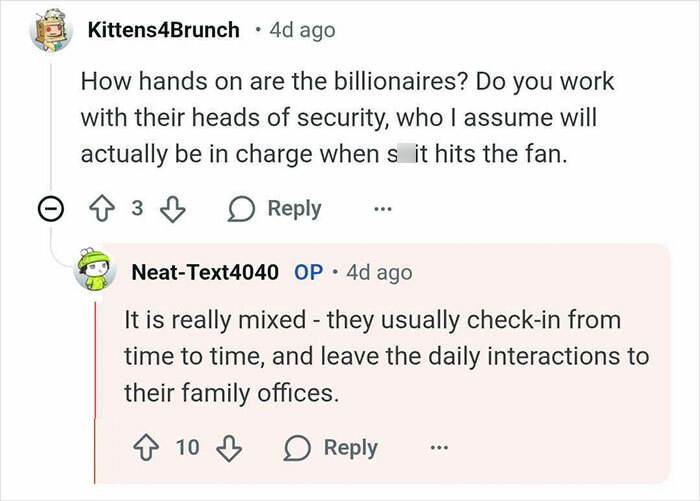 Screenshot of a Reddit AMA discussing billionaire involvement and security in bunker construction projects.
