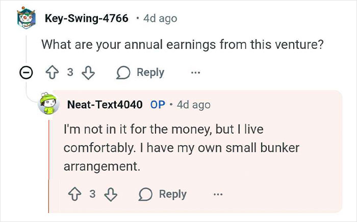 Screenshot of an online Q&A where a bunker builder discusses income and small bunker arrangements.