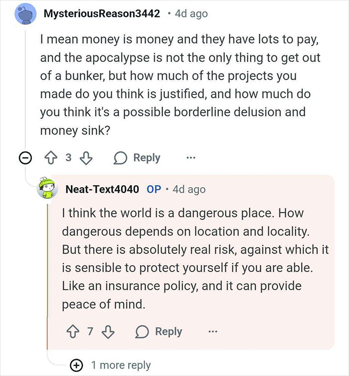 Conversation excerpt from an AMA about building bunkers for billionaires, discussing risk and protection strategies.