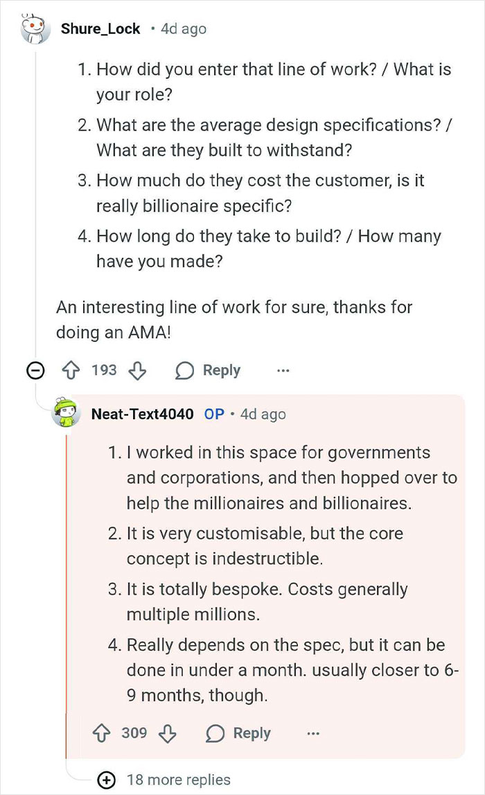 Screenshot of a Reddit AMA discussing building bunkers for billionaires, including costs and build time details.