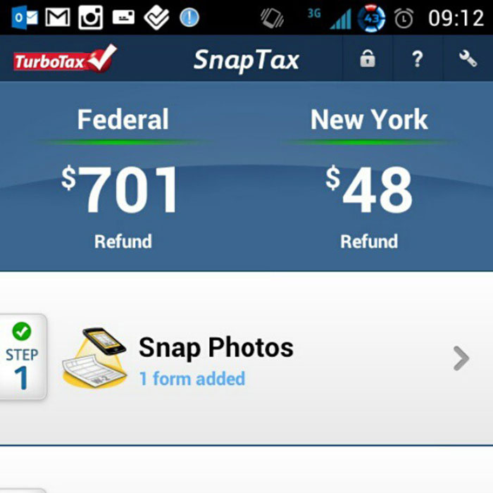 TurboTax SnapTax app interface showing Federal refund $701 and New York refund $48 for businesses losing clients.