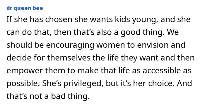 Comment discussing Millie Bobby Brown adopting a baby at 21 and supporting women's empowerment in life choices. Comment discussing Millie Bobby Brown adopting a baby at 21 and supporting women's empowerment in life choices.