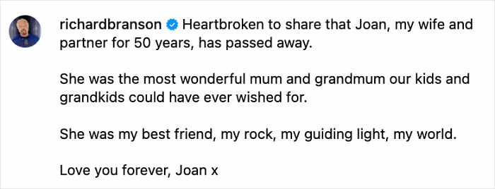 Richard Branson sharing a heartbreaking statement on the passing of his wife Joan, expressing love and loss.