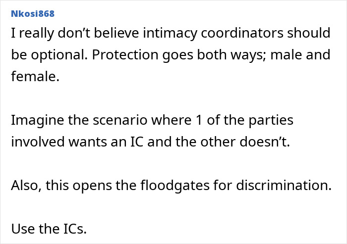 Text excerpt discussing intimacy coordinators and the dynamics between male and female actors on set, addressing discrimination concerns.