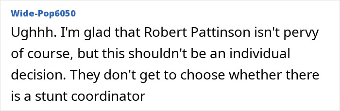 Text comment on a digital forum discussing Robert Pattinson and stunt coordinator decisions related to Jennifer Lawrence co-star experiences.