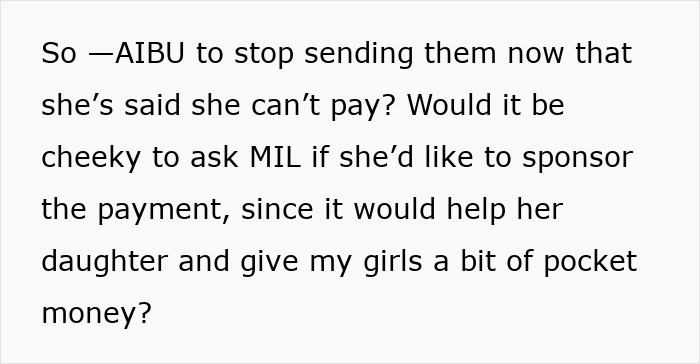 Text excerpt discussing pregnant SIL paying nieces to help out, and mom stopping sending them after money stops coming. Text excerpt discussing pregnant SIL paying nieces to help out, and mom stopping sending them after money stops coming.