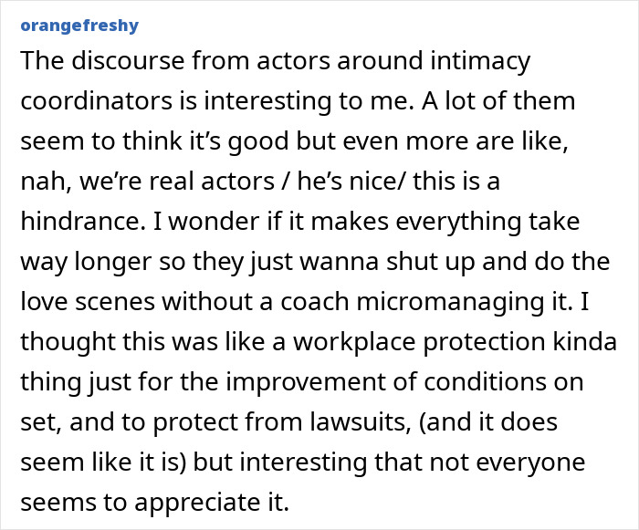 Text post discussing actors&rsquo; mixed views on intimacy coordinators and workplace protection during love scenes on set.