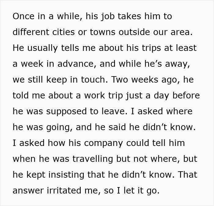 Text excerpt showing a woman&rsquo;s doubts about her man&rsquo;s suspicious work trip causing relationship trust issues.