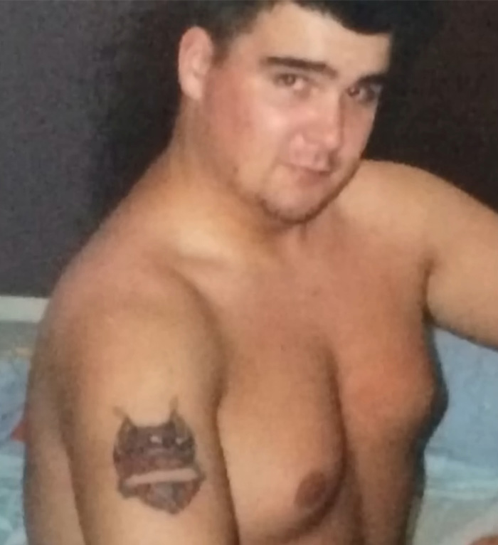 Man shirtless showing tattoo on arm, related to eyeballs tattooed and revealing dangerous tattoo process. Man shirtless showing tattoo on arm, related to eyeballs tattooed and revealing dangerous tattoo process.