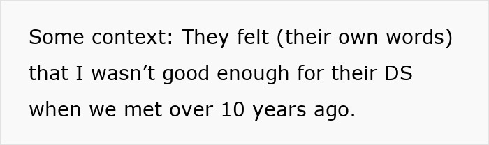 Text image showing a statement about feeling not good enough for their son over 10 years ago in a family conflict context.