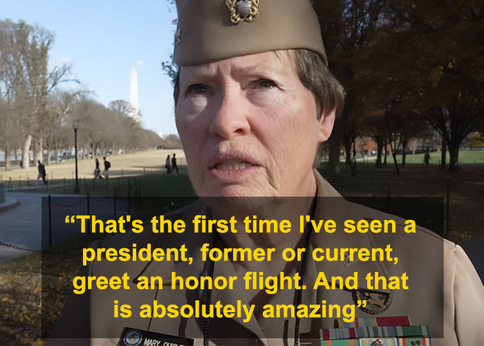 War veteran in uniform sharing emotional reaction to Barack Obama surprising honor flight on plane.