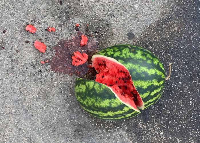 C*****d watermelon on asphalt with red flesh and seeds spilled, illustrating a chaotic scene witnessed outdoors.