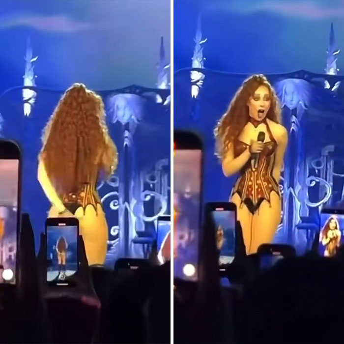 Female celebrity wearing a corset outfit on stage during a live concert sparking a celebrity reveal frenzy.