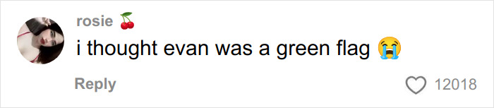 Comment on social media mentioning Evan as a green flag, expressing surprise with a crying emoji amid Chris Evans cheating rumors.