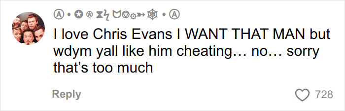 Screenshot of a social media comment discussing Chris Evans cheating rumors amid childbirth news.
