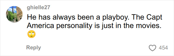 Comment mentioning Chris Evans&rsquo; playboy reputation contrasting with his Captain America image in movies.