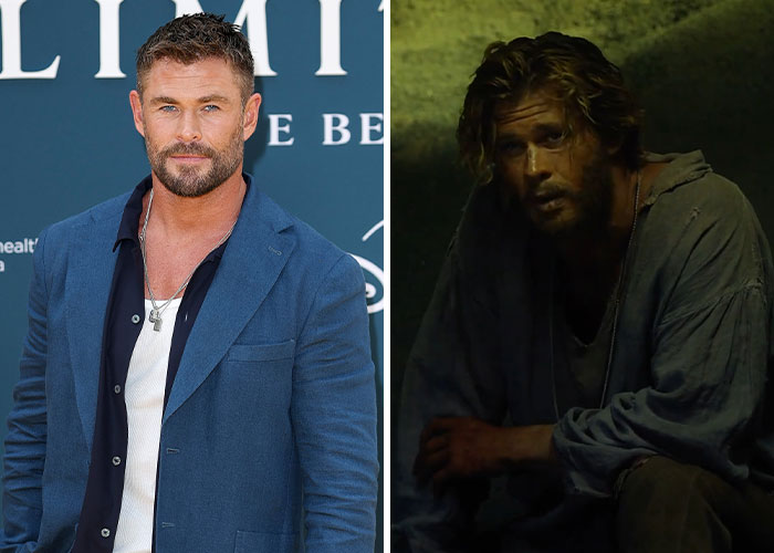 Actor Chris Hemsworth in a blue suit and casual shirt beside a dark movie scene showing him in a rugged look, showcasing extreme role dedication.