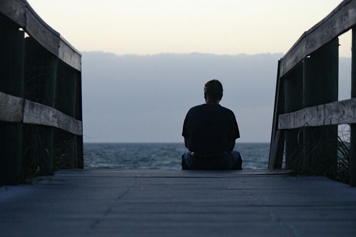 Person sitting alone by the ocean at dusk, reflecting on rehoming dog after girlfriend abandoned them abroad Person sitting alone by the ocean at dusk, reflecting on rehoming dog after girlfriend abandoned them abroad