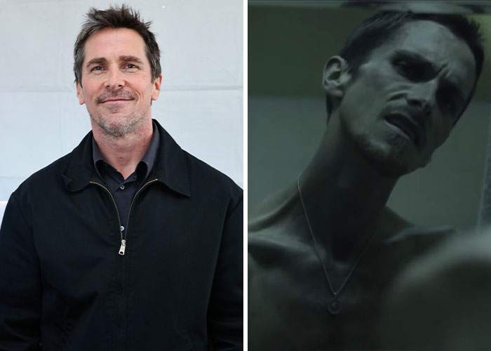 Actor with a healthy appearance beside a thin, emaciated version showing extreme transformation for a movie role.
