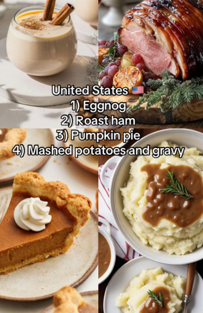 United States Christmas dinner featuring eggnog, roast ham, pumpkin pie, and mashed potatoes with gravy on festive table.