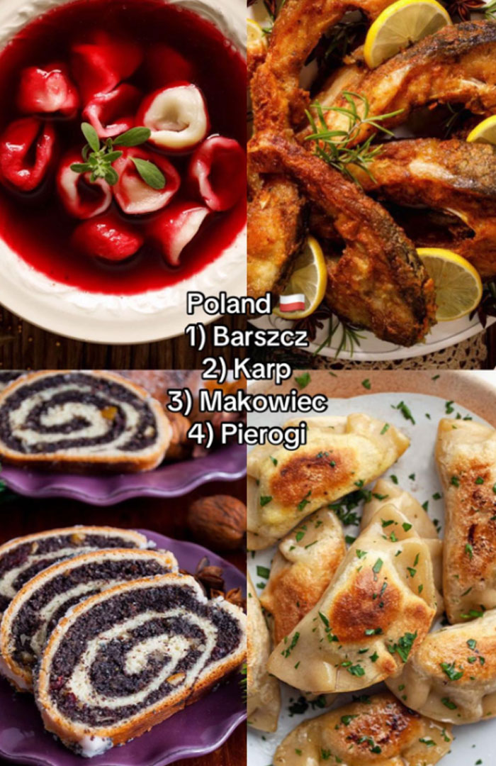 Polish Christmas dinner dishes including barszcz, karp, makowiec, and pierogi served on plates with garnish.