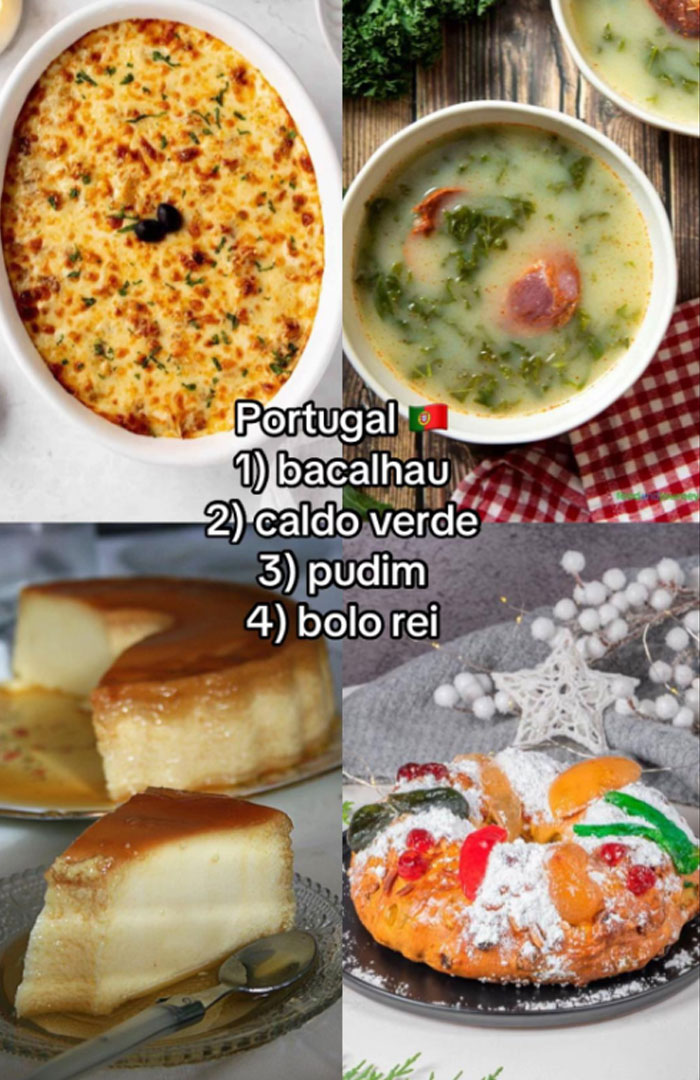 Traditional Portuguese Christmas dinners featuring bacalhau, caldo verde, pudim, and bolo rei from international Christmas dinners.