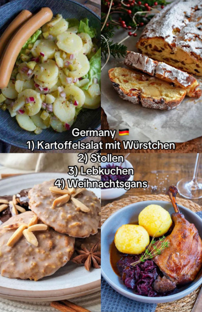 Traditional German Christmas dinners featuring Kartoffelsalat, Stollen, Lebkuchen, and Weihnachtsgans in a festive setting