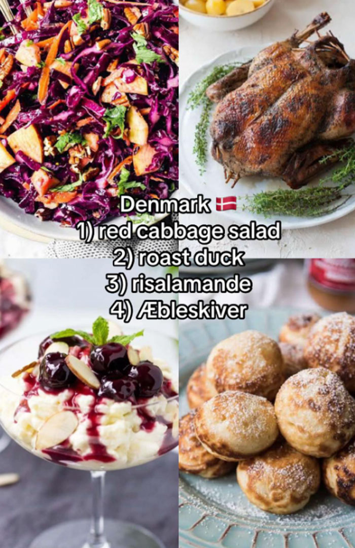Traditional Danish Christmas dinner dishes including red cabbage salad, roast duck, risalamande dessert, and æbleskiver pancakes.