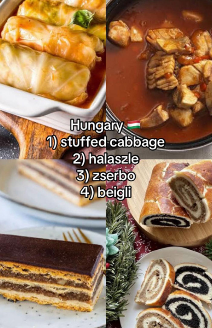Traditional Hungarian Christmas dinners featuring stuffed cabbage, halaszle soup, zserbo cake, and beigli pastry desserts.