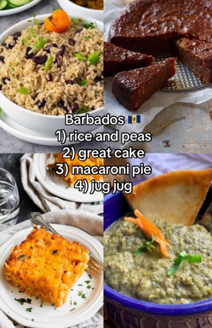 Barbados Christmas dinner featuring rice and peas, great cake, macaroni pie, and jug jug traditional dishes