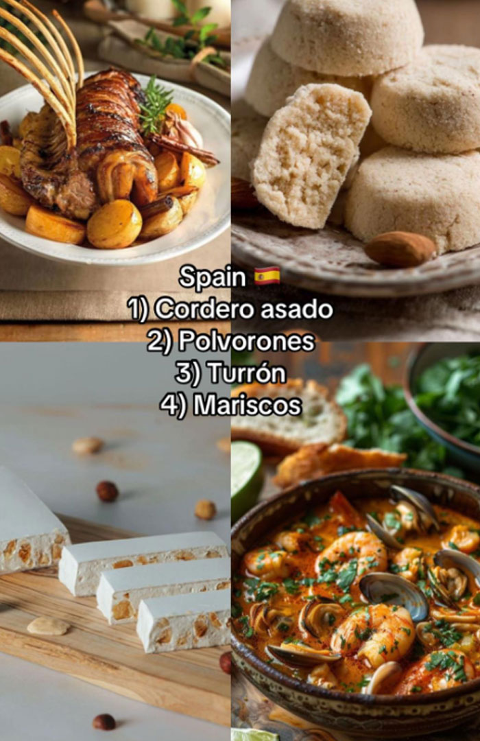 Traditional Spanish Christmas dinners featuring roasted lamb, polvorones, turrón, and seafood dishes on festive plates.
