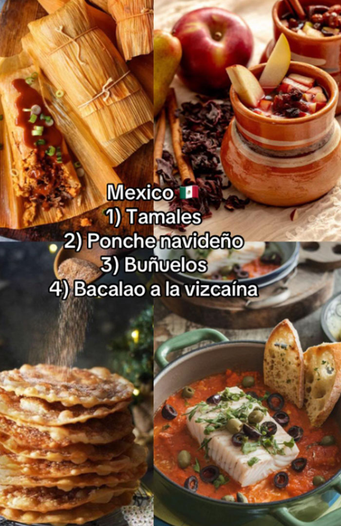Traditional Mexican Christmas dinners featuring tamales, ponche navideño, buñuelos, and bacalao a la vizcaína dishes.